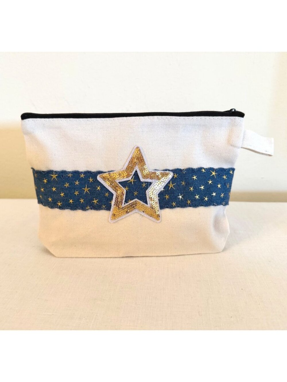 Artist Redesigned Star Canvas Zipper Pouch Gold Sequin Blue Stars Makeup Bag